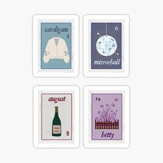 four postage stamps with different types of clothing and wine bottles on them, all printed in various colors