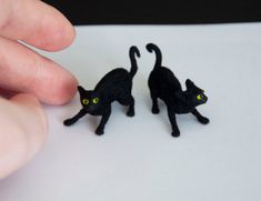 two tiny black cats are being held by a person's hand on top of a piece of paper