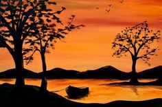 a painting of two trees and a boat in the water at sunset with birds flying overhead