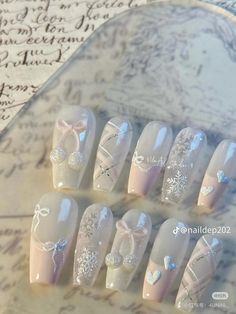 Coquette Nails Winter, Snowbunny Nails, Winter 3d Nails, Couqutte Aesthetic Nails, Winter Nail Aesthetic, Winter Douyin Nails, Angel Core Nails, Christmas Nails Kawaii, Coquette Winter Nails