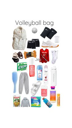 the contents of a volleyball bag laid out on a white background with text overlay