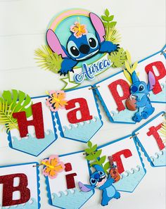 the birthday banner has lili and stitch characters on it