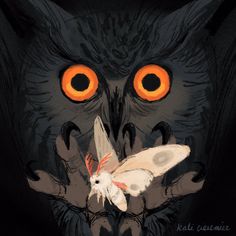 an owl with orange eyes holding a moth