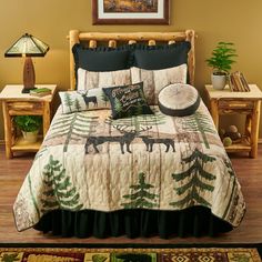 Mountain Deer Bedding Set (Queen) - Wild Wings Cabin Style Bedroom, Painted Bear, Painted Deer, Bed Quilts, King Quilt Sets, Black Forest Decor, Hunting Camp, Lodge Cabin, Bear Quilts