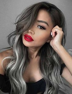 Grey Balayage, Grey Ombre Hair, Gray Balayage, Black Hair Balayage, Brown Ombre Hair, Hair Color Streaks, Grey Hair Color, Red Lipstick