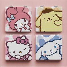 four hello kitty coasters on a pink background