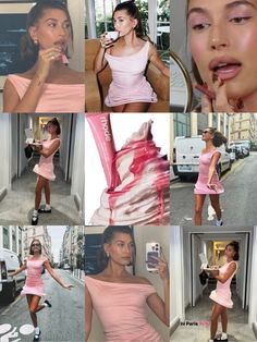 a collage of photos showing different women in pink dresses and heels, with one woman brushing her teeth