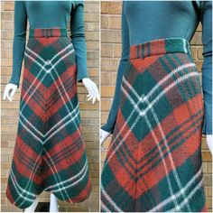 Gorgeous colors on this 60s/70s plaid chevron wool maxi skirt by Junior House.  The fabric is thick wool kind of like a blanket.  Lovely style, fitting through the hips and flares out.  Closes with a green 'Talon' brand zipper center back, and a hook and eye closes the waistband.  There is no lining in the skirt.  100% wool, thick and warm.  Vintage size 13-14 on the tag.   Condition - Very good.  I have made one tiny repair on the front of the skirt which is not visible due to denseness of the fabric (see last pic).   Measurements - For reference, the dress form measures W24.5 H35.  Too big on these measurements, and is clipped at the waist and hips to show better fit.     Waist: 28", measures 14 inches across at waistband seam and 14 1/2 inches at top of waistband Hip: 37" resting, with Blanket Skirt, Wool Maxi Skirt, Maxi Skirt Winter, Chevron Maxi Skirts, 70s Plaid, Skirt Winter, Thick Wool, Winter Skirt, Me Clean