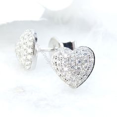 Heart Pave Earrings Moissanite White Gold Pave Pillow Puff Dome, Custom, Wedding, Anniversary Gift, Ready to Ship. Makes the perfect Anniversary gift, Wedding gift, Mothers Day gift, Birthday gift, Holiday gift or just to say I Love You gift!! ~Ring Details~ Metal-10k White Gold Size-8mm x 7.75mm ~Gems~ Type-Moissanite Weight-.55ct (approx) Color-DEF Clarity-VS Cut (shape)-Round Includes *********** ♦Your Design Created Just to your Specifications, Exactly as ordered ♦Gift Box Customization **** Pave Earrings, Pave Necklace, Sapphire Color, Wedding Anniversary Gift, Matching Necklaces, Gold Platinum, Blue Diamond, Lab Created Diamonds, Diamond Heart