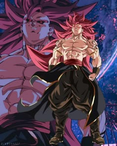 an anime character with pink hair and no shirt on, standing in front of another character