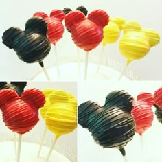 four pictures of mickey mouse cake pops on top of each other with different colored frosting