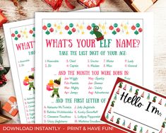 two printable elf christmas games for kids to play in the holiday season with presents around them