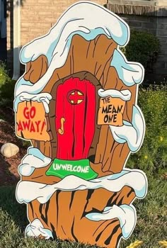 Who Ville House, Whoville Sign Printable, Mt Crumpit Grinch Diy, Grinch Pulling Lights Off House, Grinch Cave Ideas, Whoville People Template, Whoville Houses Diy The Grinch, Whoville Background, Whoville Window Painting