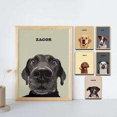 a wooden frame with dogs on it next to a vase and some pictures hanging on the wall