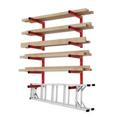 a red and white shelf with some wooden shelves on top of it, in front of a white background