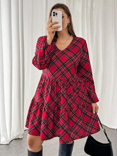 Plus Size Women's Fashionable Christmas New Years Eve Long Sleeve Red Plaid V-Neck Ruffled Hem A-Swing Loose Casual Dress Red Cute  Long Sleeve Knitted Fabric Plaid,Tartan,All Over Print A Line,Smock Medium Stretch  Women Plus Clothing, size features are:Bust: ,Length: ,Sleeve Length: Christmas Outfits Classy, Christmas Outfit Classy, New Years Eve Outfits Plus Size, Business Bestie, Elegant Office Wear, New Years Eve Outfit, Bestie Outfits, Red Christmas Dress, Outfits New Year