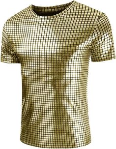 This Men's Square Disco Short Sleeve Shirt is sure to turn heads. Crafted from 100% polyester, this shirt features a classic square silhouette and a sparkly gold disco print. The lightweight material and short sleeves make this shirt perfect for playing sports or attending a summer event. 100% Poly Imported Pull On closure Hand Wash Brand Size Chest Waist S 43.7 40.6 M 45.7 42.5 L 48.7 45.5 XL 51.7 48.5 XXL 54.6 51.5 Shiny Gold Party Tops, Shiny Gold Top For Night Out, Shiny Gold Tops For Night Out, Shiny Gold Tops For Party Season, Gold Shiny Tops For Party Season, Gold Fitted Tops For Party Season, Disco Style Shirt For Night Out In Summer, Summer Disco Shirt For Night Out, Disco Style Summer Shirt For Night Out