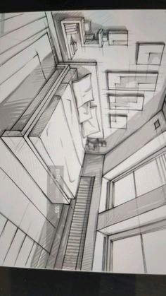 a drawing of a room with stairs in it