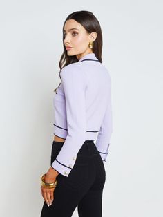 L'AGENCE - Neo Cropped Cardigan in Pale Lilac/Midnight Pale Lilac, Strong Shoulders, Cropped Cardigan, Slim Waist, Contrast Trim, Lilac, Highlights, Trim, Collar