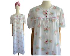 Vintage White Nightdress with Pink Rose Print and Pink Flower Buttons | Size Large by VintageFrillsShop on Etsy Vintage Night Dress, White Nightdress, Vintage Night, Plastic Flower, Pink Plastic, Button Flowers, Rose Print