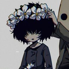 an anime character with flowers in her hair