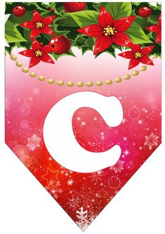 the letter c is decorated with poinsettis, holly and pearls on a red background