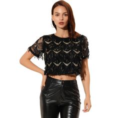 This cropped top features beautiful shining sequins on fringe tassels that shimmer and shine when you're at the party. The design allows versatility for dressing up and dressing down as well. This gorgeous shimmer top features fringe sequins, which can create beautiful sparkle in the stage lights of dance and chorus performances. This top can be paired with jeans or skirts to perfect your outfit for datings or parties. This fashionable and trendy clothes for women can not only be worn daily, but Beach Festival Outfit, Glitter Crop Top, Fringe Top, Sheer Shorts, Long Trousers, Trendy Clothes For Women, Party Looks, Tartan Plaid, Festival Outfit