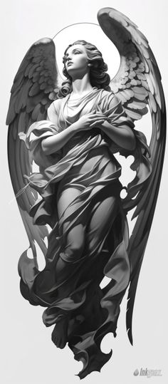 an angel statue is shown with its wings spread out to the side, in black and white