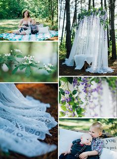 a collage of photos with white and purple flowers in the woods, baby sitting on a blanket, mother holding her son