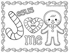 jesus loves me coloring page with candy canes and gingerbread valentine's day