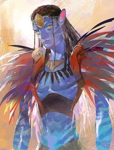 a digital painting of a woman with feathers on her head and arms, holding a cell phone