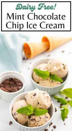 three bowls filled with mint chocolate chip ice cream on top of a white countertop