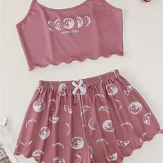 These Are Moon Print Ruffle Trim Cami Top & Shorts Pj Sets. They Are Pink With White Moons. The Top Says "Moon Child" On It. They Come In Sizes16. They Run True To Size With A Little Room. The Top Is Meant To Be Short And Snug And The Bottoms Loose And Comfy. These Are Sold Locally At My Store, The Vixen Boutique Llc. All Sales Are Final And Price Is Firm. Pyjama Outfit, Short Pajamas, Cute Pjs, Cute Sleepwear, Cute Pajama Sets, Pajama Outfits, Cute Lazy Day Outfits, Short Pj Set, Lazy Day Outfits