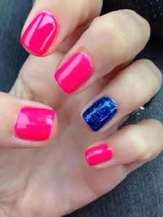 Hot pink shellac and navy blue powder glitter Hot Pink And Navy Blue Nails, Hot Pink Pedicure, Blue Shellac Nails, Mani Colors, Shellac Nails Summer, Powder Glitter Nails, Adult Prom, Pink Shellac