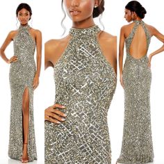 Mac Duggal Platinum Halter Neck Cutout Back Sequined Gown 4112 Size 4 New Hand Embellished Sequins In A Crosshatch Pattern On Mesh Overlay Halter Neckline Breast Pads Side Slit Column Silhouette Sleeveless Open Back Concealed Back Zipper Sweeping Train Maxi Length Lined Lightweight Style# 4112 Please Note, Due To The Heavy Embellishment And Delicate Nature Of These Dresses, Some May Have Minor Beads/Sequins Missing Or Pulls In Fabric. Major Flaws Will Be Disclosed. New, With Tag Approx Measureme Spaghetti Strap Gown, Sequined Gown, Wedding Guest Formal, Apple Dress, Mac Duggal Dresses, Mother Of Groom Dresses, Groom Dresses, Lace Wrap, Floral Gown