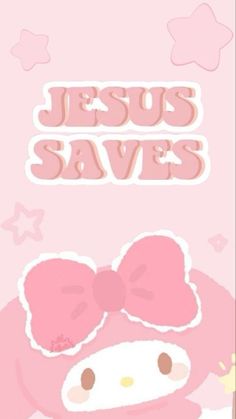 a hello kitty sticker with the words jesus save's in pink and white