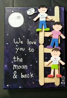 two children are climbing up the ladder to reach the moon and back with an inscription on it