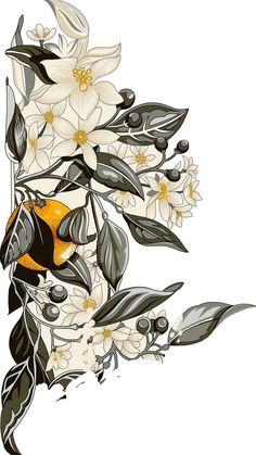 an artistic drawing of flowers and leaves on a white background, with black and yellow accents