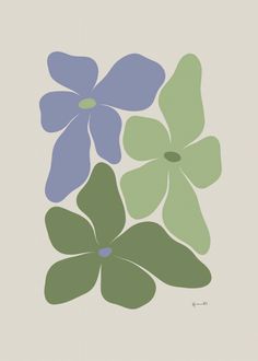 three blue and green flowers on a beige background