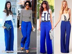 Royal Blue Wide Leg Pants Outfit, What To Wear With Blue Pants, How To Style Blue Pants, Electric Blue Pants Outfit, Blue Pants Work Outfit Women