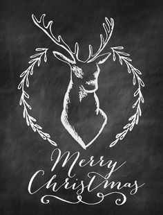 a chalkboard drawing of a deer head with the words merry christmas on it