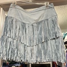 New With Tags Fringe Baby Blue Skirt. Skirt Is 43 Inches Long. Light Blue Casual Mini Skirt For Party, Casual Light Blue Mini Skirt For Party, Fitted Blue Bottoms With Fringe, Spring Blue Fringe Skirt, Spring Tiered Skirt With Fringe, Blue Skirt Outfit, Mini Blue Skirt, Baby Blue Skirt, Belted Mini Skirt