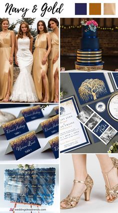 a collage of photos with different wedding colors and designs on it, including blue, gold, and white