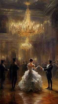 a painting of a man and woman dancing in an old fashion ballroom with chandelier