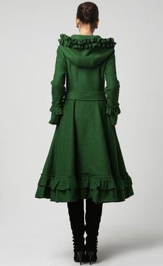 Womens Dark Green Wool Maxi Coat with Hood 1120 – xiaolizi Victorian Coat Women, Dress Coat Outfit, Women Wool Coat, Dark Green Coat, Wool Maxi Coat, Victorian Coat, Maxi Coat, Hoodie Coat, Coat Winter