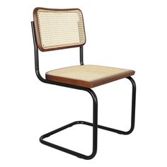 a brown and black metal chair with a woven seat pad on it's back