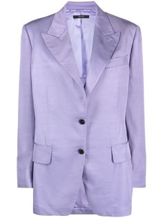 violet purple satin finish peak lapels shoulder pads long sleeves buttoned cuffs front button fastening chest welt pocket two side flap pockets central rear vent straight hem Classic Purple Blazer For Formal Occasions, Silk Blazer With Notch Lapel And Pockets, Silk Blazer With Single Button And Suit Collar, Silk Single Button Blazer With Suit Collar, Single Button Silk Blazer For Business, Silk Single Button Blazer For Business, Semi-formal Silk Blazer With Button Closure, Purple Single Breasted Blazer With Lapel Collar, Purple Notch Lapel Blazer For Work