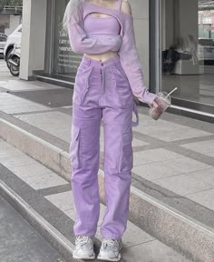 Indecisive Aesthetic, Lilac Pants Outfit, Purple Outfits For Women, Baggy Jeans Women, Purple Clothing, Punk Style Outfits, Preppy Fits, Bike Drawing