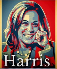 a woman smiling and holding her hand to her face with the words harris on it