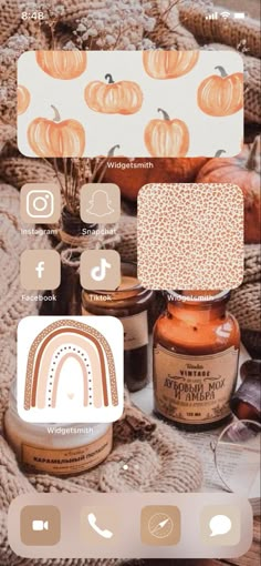 an iphone screen with pumpkins and jars on it